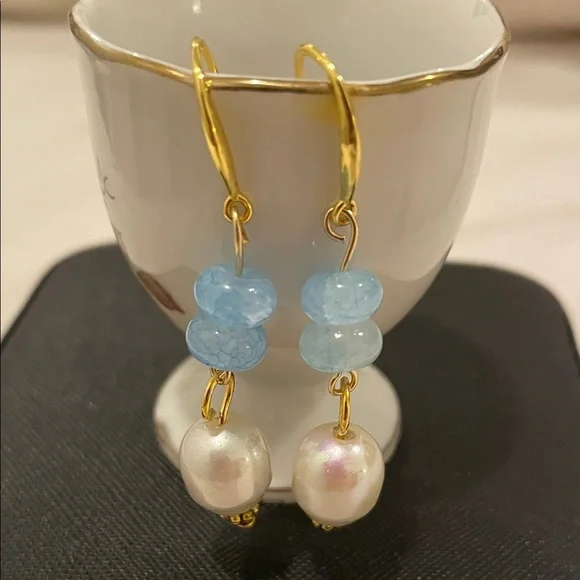 Elegant sterling 925 Gold and aquamarine  Pearl Drop Earrings - Picture 4 of 10